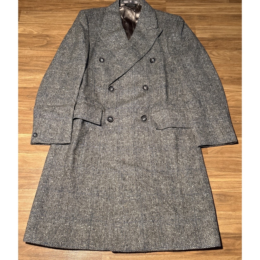 Syms Mens Grey Herringbone Wool Double Breasted Overcoat Long Coat Size Large